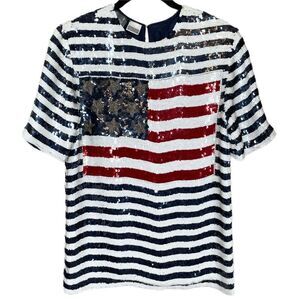 Vintage Modi American Flag Striped Sequin Beaded Embellished Blouse 4th of july